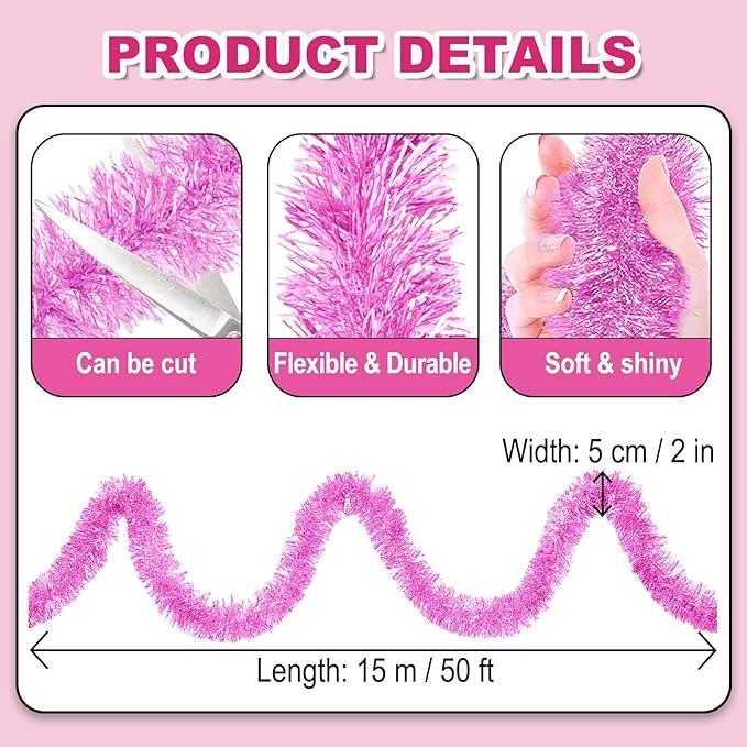 50 Feet Christmas Foil Fringe Banner Metallic Tassle Garland Metallic Backdrop Parade Floats Shiny Hanging Ceiling, Valentine's, Wedding, New Year Party Decorations(2" x 50', Macaron Pink)