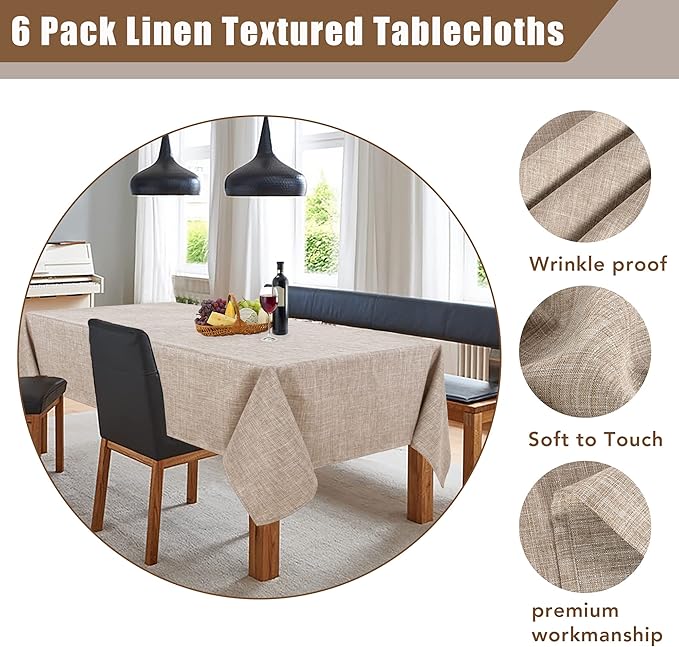 Fitable Faux Linen Tablecloths Rectangle 60 x 102 Inch - 6 Pack Neutral Table Clothes for 6 Foot Tables, Nature Faux Burlap Table Covers for Dining, Party, Wedding, Banquet, Buffet