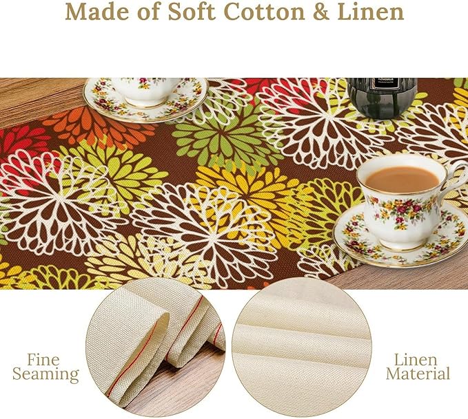 Brown Dahlia Floral Table Runner, Seasonal Autumn Thanksgiving Pattern Print for Home Kitchen Table Decor Dining Coffee Room Party Decor 13x120 Inch