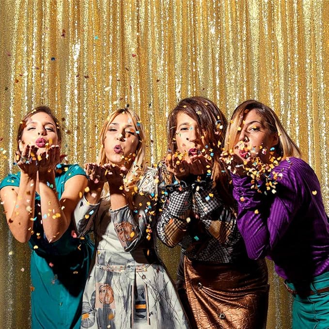 JYFLZQ Gold Sequin Backdrop Curtains 4ft x 8ft 2 Panel Glitter Photo Booth Backdrops Sparkly Photography Background Drapes for Parties Wedding Bridal Showers