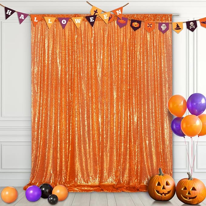Eternal Beauty Orange Sequin Backdrop, 8x10 Ft Halloween Glitter Background Curtains for Shimmer Photography Party Wedding Birthday Back Drop Decor
