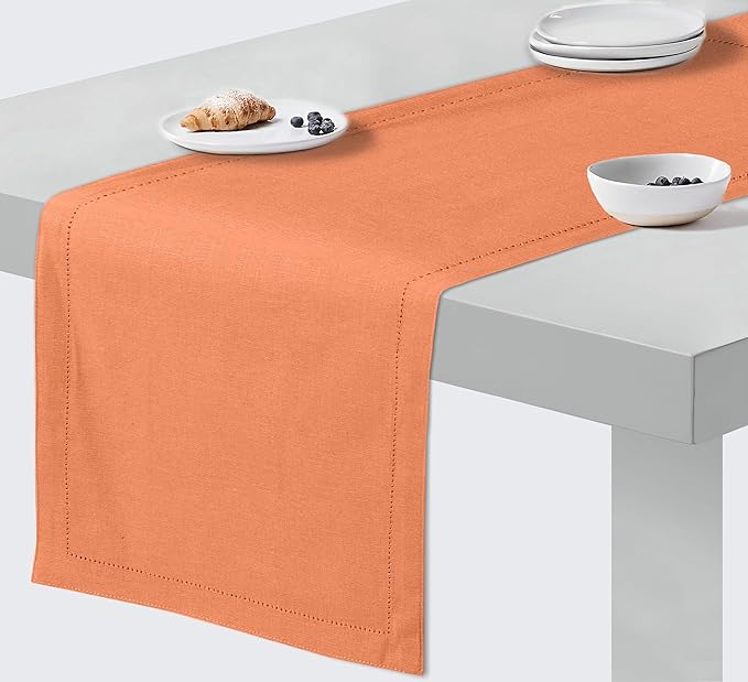 Ruvanti Linen Table Runner 72 Inches, Classic Hemstitch, Washable, Reusable, Non-Slipping, Stain Resistant- Perfect for Parties, Weddings, Dinners, Thanksgiving, Christmas, Indoor use – Orange