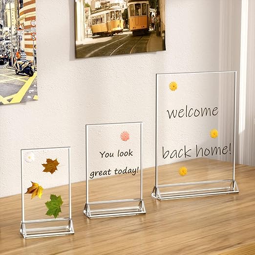 NIUBEE 6Pack 5x7 Clear Acrylic Sign Holder with Sliver Borders and Vertical Stand, Double Sided Table Menu Holders Picture Frames for Wedding Table Numbers, Restaurant Signs, Photos and Art Display