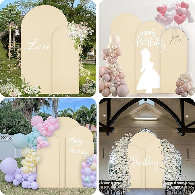 WEERRW Beige Arch Backdrop Cover Ballon Arch Stand Covers Set of 3 Spandex Fitted Round Top Chiara Stretchy Backdrop for Wedding Birthday Party Decoration(6FT, 6.6FT, 7.2FT)