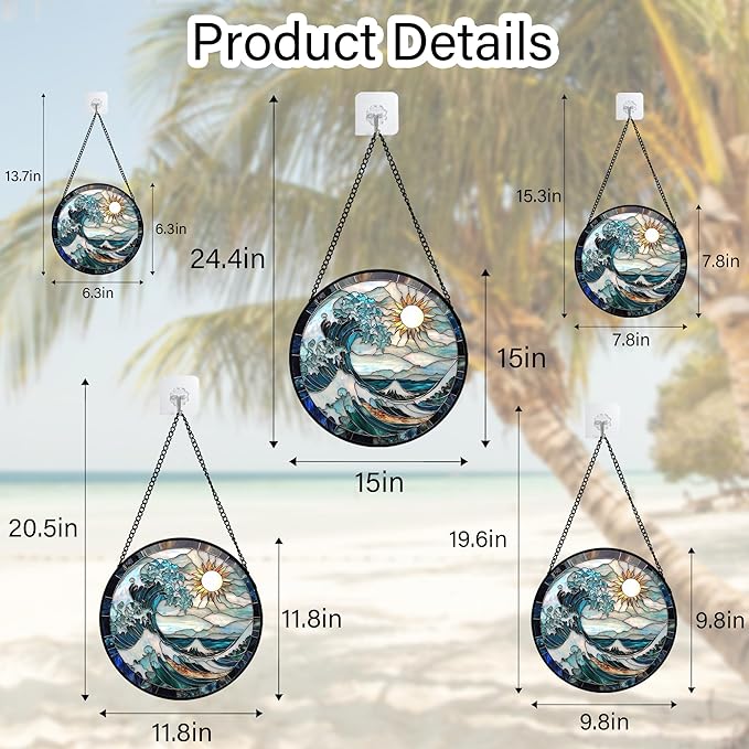 Stained Glass Window Hanging - White Sun Big Wave Suncatcher for Door Terrace Garden Home Decor Blue Ocean Landscape Sun Catcher Birthday Gifts for Lovers Women Men Dad Mom Nana9.8 in