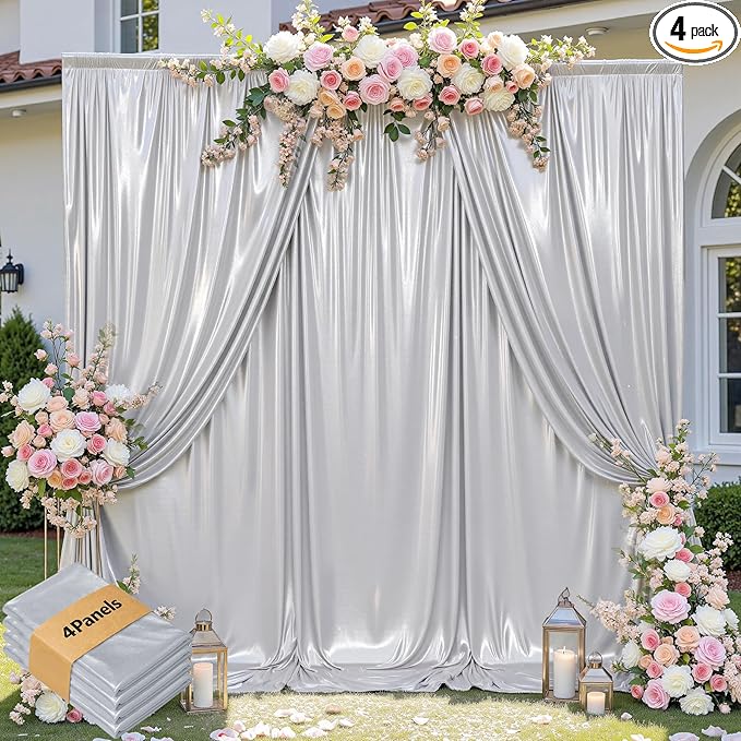leegleri 20x10ft Thick Silver Glitter Backdrop Curtain Panels for Parties, Wrinkle Free Sequin Sparking Photo Backdrop Drapes, 4 Panels 5x10ft Shimmer Back Drop Cloth for Wedding Birthday Photography