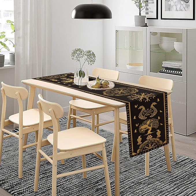 Viking Tree of Life Abstract Table Runner for Living Room Home Party Coffee Dining Party Wedding Golden Black Celtic Style Geometric Dragon Boat Rudder Ancient Script Table Runner 13x108 Inch
