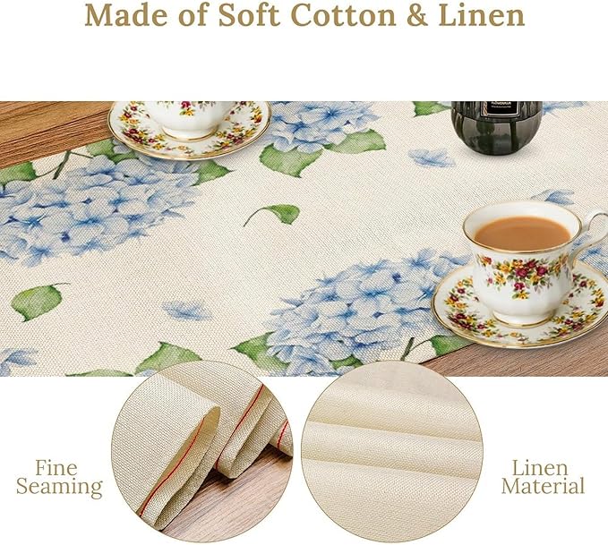Watercolor Hydrangea Flower Table Runner, Spring Summer Seasonal Plants Butterfly Blue Dinner Runner for Home Kitchen Dining Table Party Holiday Decoration 13"x108"