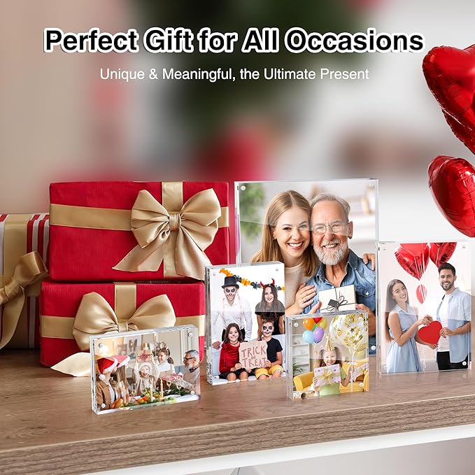 HOUSE DAY Acrylic Picture Frames 8x10, 6 Pack Magnetic 8x10 Picture Frame, Double Sided Clear 8 x 10 Photo Frame with Microfiber Cloth, Frameless FreeStanding 8x10 Frame Gift for Desktop Display