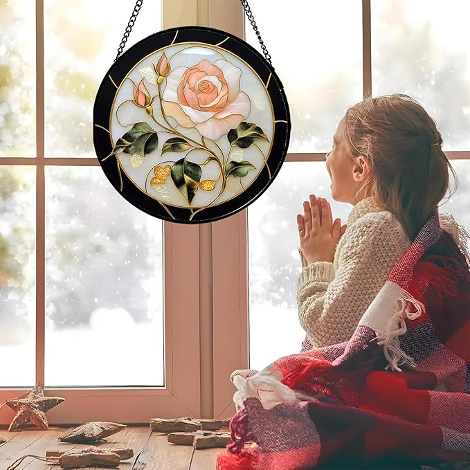 Stained Glass Window Hanging - Black White Pink Rose Sun Catcher for Door Home Decor Flower Suncatcher Christmas Mother's Day Birthday Gifts for Women Men Lovers Mom Nana 11.8 in