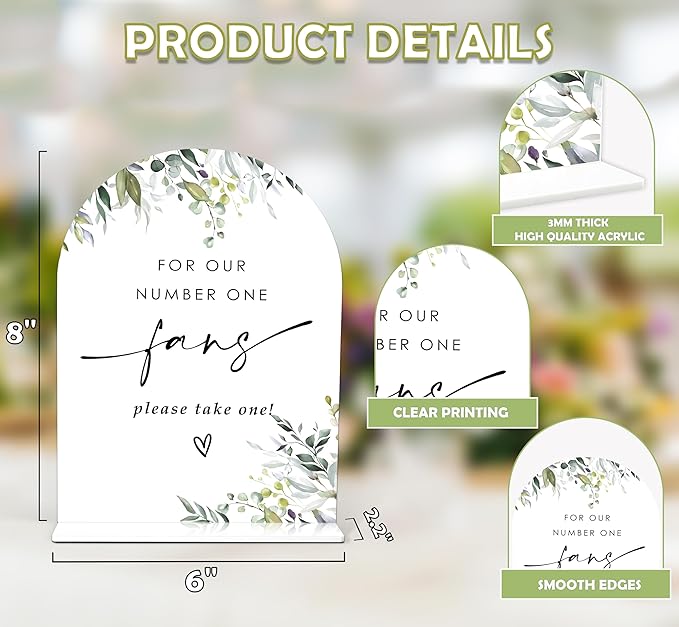 Greenery Wedding Fan Sign, 6 x 8 Inch White Arch Acrylic Wedding Sign with Holder, Wedding Sign for Ceremony and Reception, Wedding Decoration, Wedding Supplies - LY23