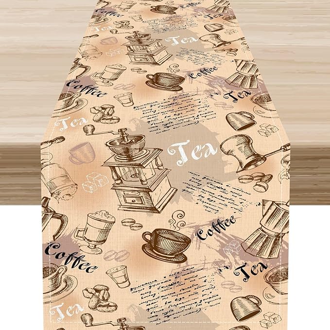Coffee Theme Table Runner, Rustic Farmhouse Coffee Cup Tea Party Cafe Table Center Decor for Home Kitchen Dining Patio Holiday Party Indoor Outdoor Table Decorations,13"x108" Inch