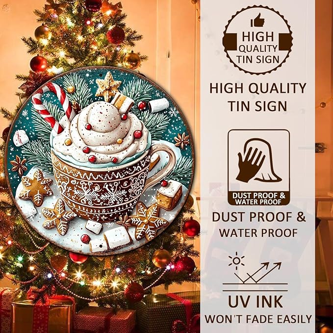 Round Christmas Signs Hot Cocoa Bar Metal Tin Sign Christmas Decor For Home Vintage Christmas Coffee Cocoa Tin Sign Hot Chocolate Bar Sign 8 * 8 in