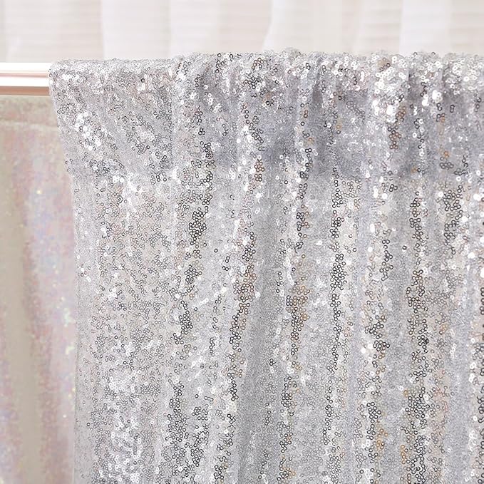 Poise3EHome 8FT x 8FT Silver Sequin Photography Backdrop Curtain for Party Decoration, Silver