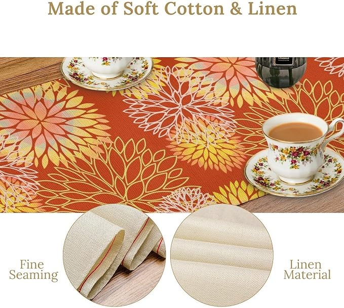 Yellow Floral Table Runner, Chrysanthemum Autumn Spring Summer Vintage Modern Linen Geometric Table Runner for Kitchen Living Room Bedroom Party Holiday, 13x108 Inch