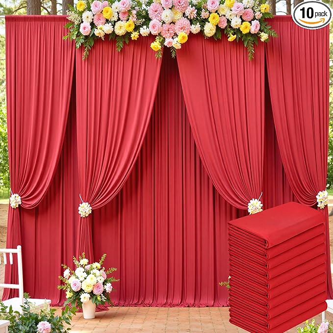 50ft x 15ft Red Wrinkle Free Backdrop Curtains for Parties,Silky Polyester Fabric Wedding Ceiling Drapes, 10 Panels 15ft Photo Back Drop Drapes for Baby Shower Photography Stage Background Cloth