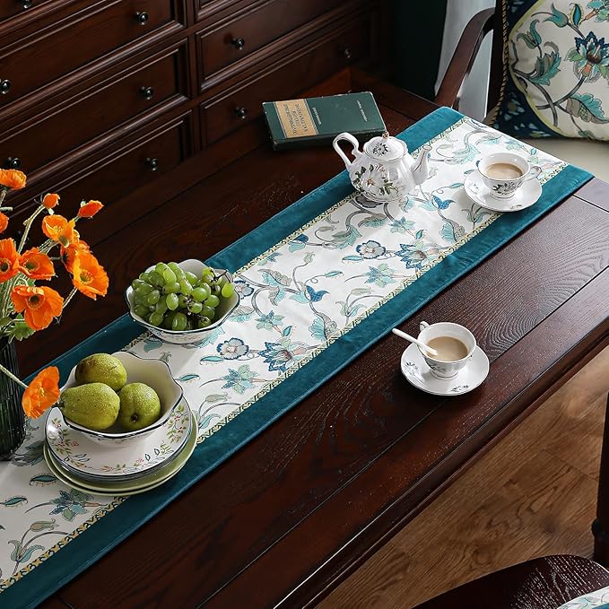 patdrea Designer Elegant French Floral Velvet Table Runner, Teal with Blossoms Pattern Table Mat, Decoration for Kitchen Dining Coffee Table Shelf Cabinet Banquet Thanksgiving,12"*71"