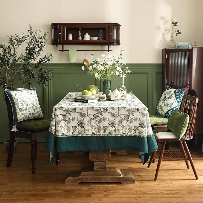 patdrea Designer Green Linen Table Cloth for Rectangle Table,Vintage Floral Pattern Durable Tablecloth,French Cover Decor for Kitchen Dining,Christmas,Thanksgiving,Tea Party,63"x87"-Noah
