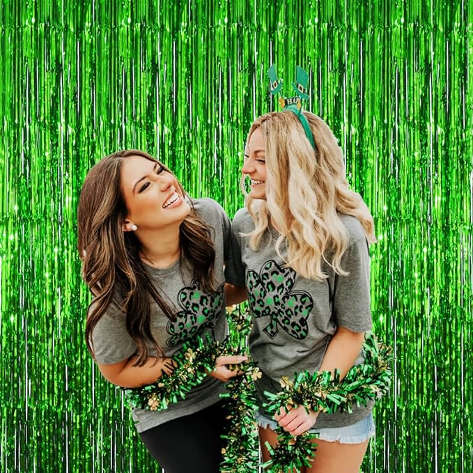 GOER 6.4 ft x 9.8 ft Metallic Tinsel Foil Fringe Curtains,Pack of 2 Party Streamer Backdrop for St. Patrick's Day,Birthday,Graduation,New Year Eve Decorations Christmas Wedding Decor (Green)
