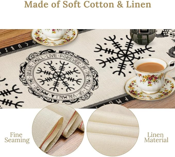 Ancient Abstract Pattern Table Runner, Tree of Life Eagle Dragon Boat Rudder Black and White Table Runner for Party Kitchen Dinner Cafe Bedroom Living Room Outdoor Table Runner 13x120 Inch