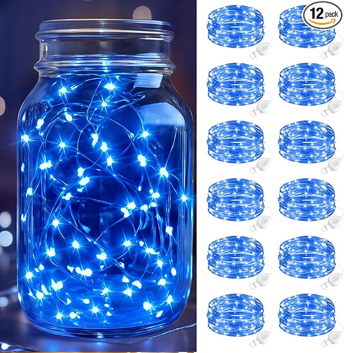 btfarm 12 Pack Fairy Lights Battery Operated, 7FT 20 LED Mini String Lights Waterproof Silver Wire for Mason Jars Centerpiece Table Crafts Bedroom Christmas Decoration, Blue