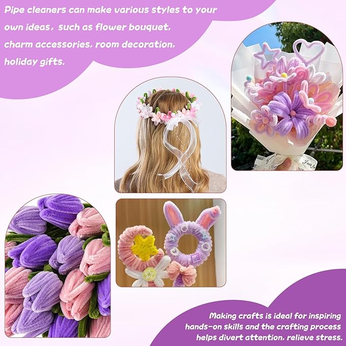400 Pcs Chenille Stems Flowers Craft Kit,4 Colors Soft Pipe Cleaners Bulk for DIY Floral Arrangements with Floral Wires, Gardening Tape,Hot Glue Stick,Greeting Card,Bouquet Paper, Stamen & Ribbon