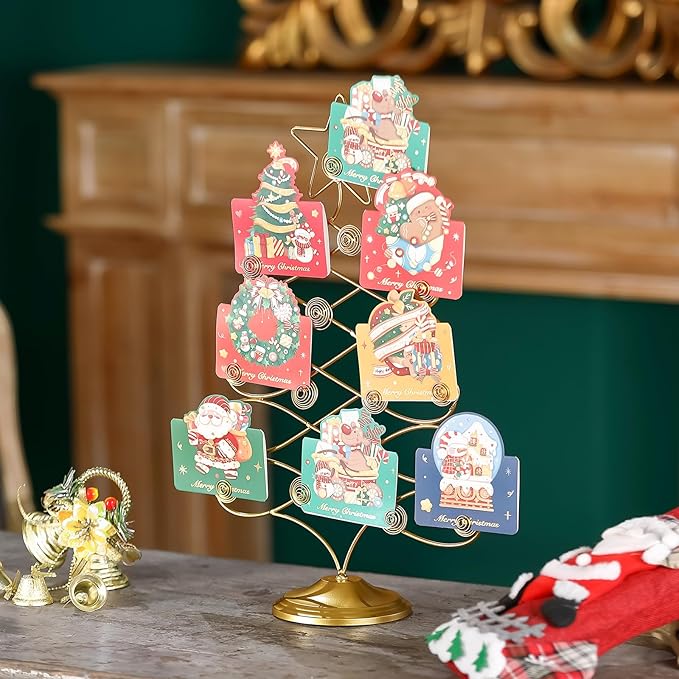 Christmas Tree Card Holder Tabletop, 18 Inch Gold Tree Holiday Card Display Stand, Metal Decorative Cards and Photo Holder Rack, Christmas Display Tree Stand Holds up to 19 Place and Gift Cards