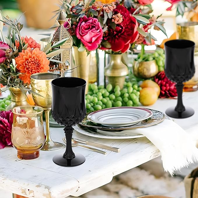JLYLOL Plastic Vintage Wine Glasses 7OZ Plastic Goblets Vintage Drinking Glasses 24PCS Retro Wedding Glassware Water Goblets Reusable Drinking Cups for Party,Reception,Celebration,Bar,Whiskey(Black)