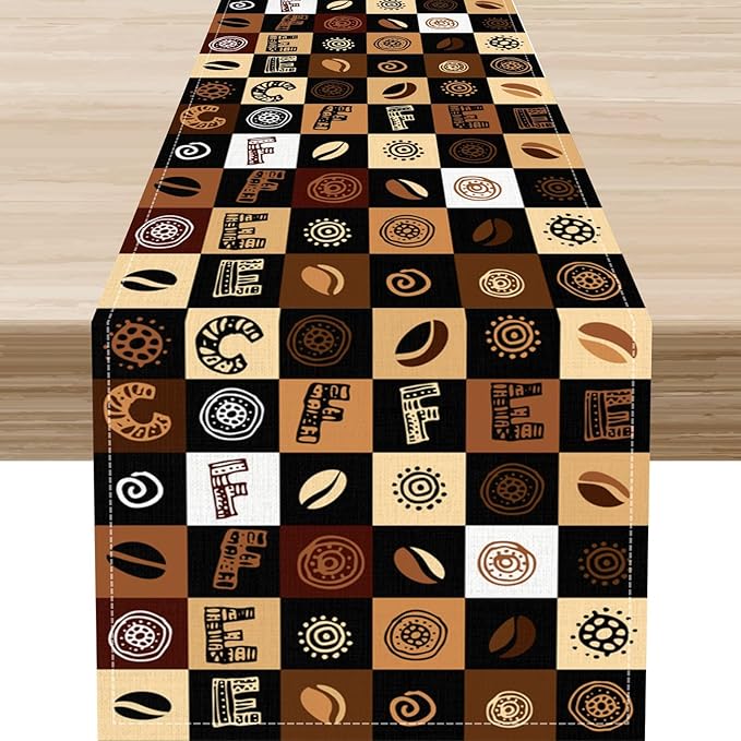 Coffee Theme Table Runner, Rustic Farmhouse Coffee Cup Latte Cappuccino Tea Party Cafe Table Center Decor for Home Kitchen Dining Patio Holiday Party Indoor Outdoor Table Decorations, 13"x108" Inch
