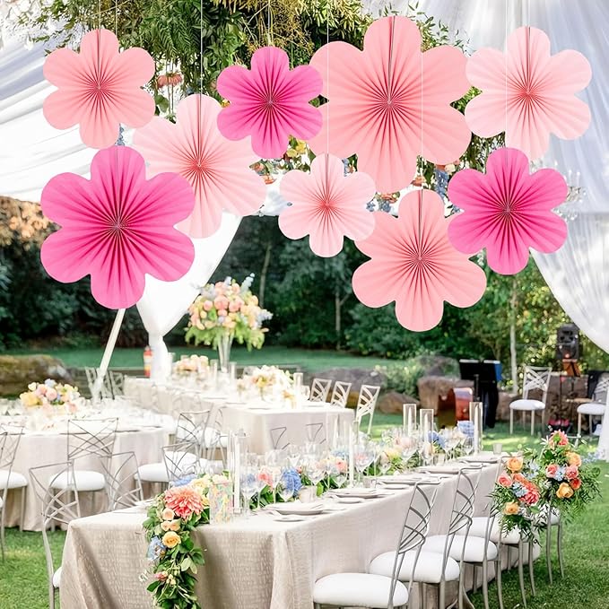 SUNBEAUTY Paper Decoration, Set of 9 - Hot Pink Flower Hanging Ornaments, Party Fans & Floral Backdrop for Weddings, Baby Showers, Birthdays & More