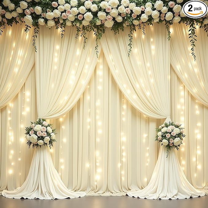 Beige Backdrop Curtains with Lights String for Parties,10x10FT Wrinkle Free Polyester Wedding Photo Backdrop Curtains for Baby Shower Birthday Ceremony Reception Home Party Decorations