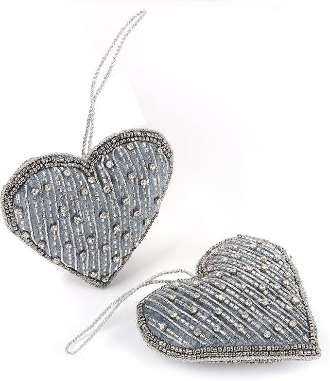 Set of 6 Beaded Heart Ornaments - Rustic Hanging Love Decorations, Farmhouse Wall Decor, Romantic Gifts for Her, Him, or Couples - Handmade Valentine’s Day & Mother’s Day Decor (Grey) - CLEENTABLE