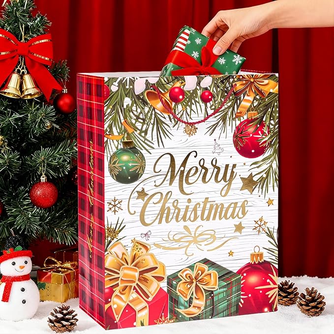 LYLIN 4Pcs 16" Large Christmas Gift Bags with 8 Tissue Papers, Reusable Christmas Tote Bags with Handles, Bulk Xmas Treat Bags for Wrapping Gifts, Party Favors and Holiday Decor