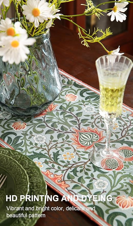 ISAENNE Designer French Green Elegant Linen Table Runner 102 Inches Long,Colorful Flower Pattern Soft Table Runners for Dining Tables,Thanksgiving,Kitchen Tables,Christmas,12"*102"-Naples B