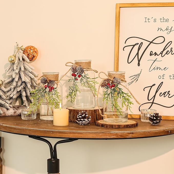 Set of 3 Xmas Decor Vases Christmas Centerpieces for Tables Farmhouse Holiday Table Decor Clear Glass Vases with Twine Ties for Christmas Decorations