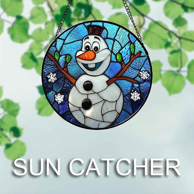 Stained Glass Window Hanging Christmas Funny Snowman 15" - Suncatcher Door Garden Blue White Snowflakes Sun Catcher New Year Birthday for Friend Mom Men Woman Nana