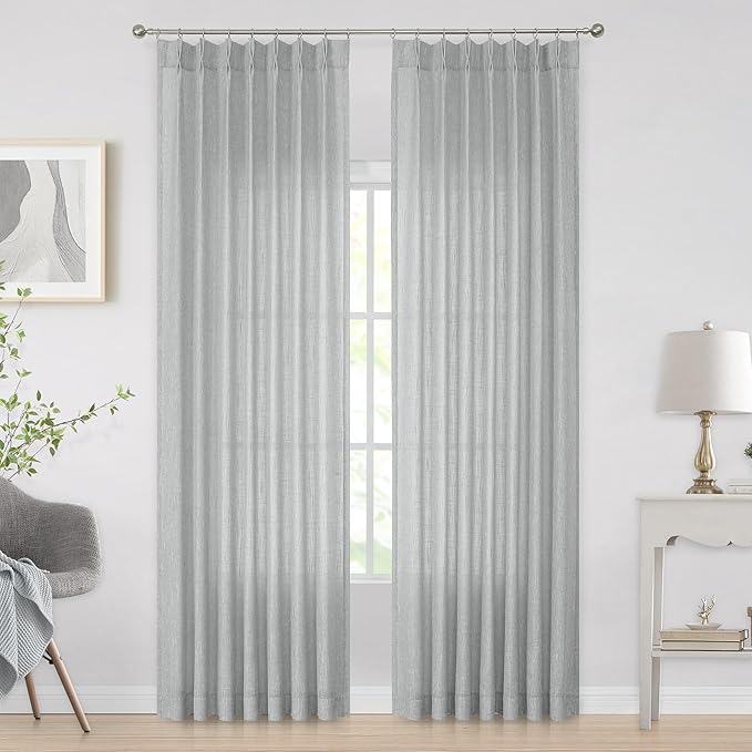 Vision Home Gray Pinch Pleated Semi Sheer Curtains Textured Light Filtering Window Curtains 108 inches for Living Room Bedroom Silver Grey Pinch Pleat Drapes with Hooks Back Tabs 2 Panels 40" Wx108 L