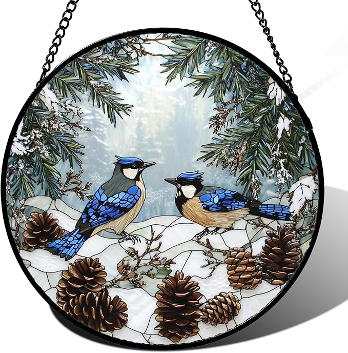 Stained Glass Window Hanging - Blue Bird Winter Forest Landscape Suncatcher for Door Garden Yard Sun Catchers Decor Christmas Mother's Day Birthday Gifts for Women Mom Nana Friend 6.3 in