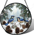 Stained Glass Window Hanging - Blue Bird Winter Forest Landscape Suncatcher for Door Garden Yard Sun Catchers Decor Christmas Mother's Day Birthday Gifts for Women Mom Nana Friend 6.3 in