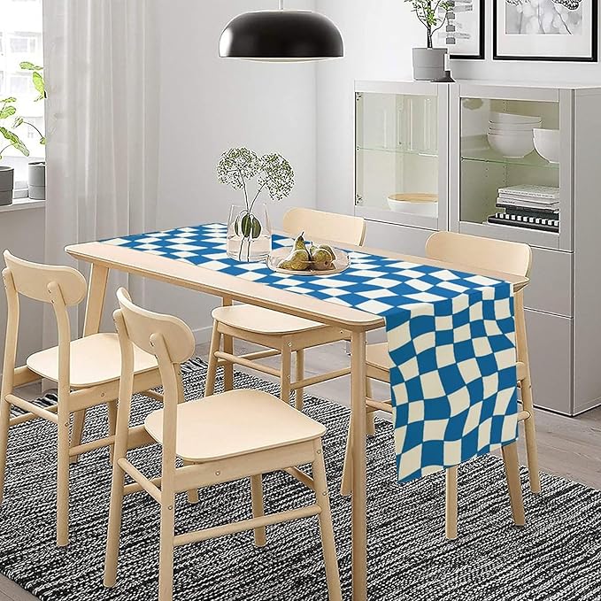 Table Flag Retro Plaid 60s70s Blue Plaid Table Flag Kitchen Restaurant Decoration Suitable for Indoor and Outdoor Festival Home Wedding Party Table Flag 13x108