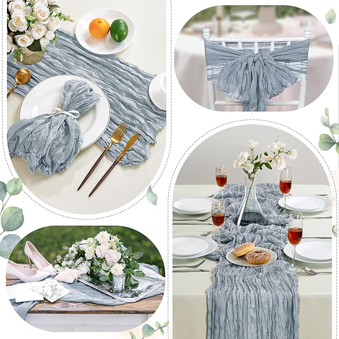 6 Pack Dusty Blue Cheesecloth Table Runner 10FT Long Boho Gauze Table Runner Rustic Sheer Runner for Wedding Bridal Baby Shower Birthday Party Table Decor Thanksgiving Christmas Decorations