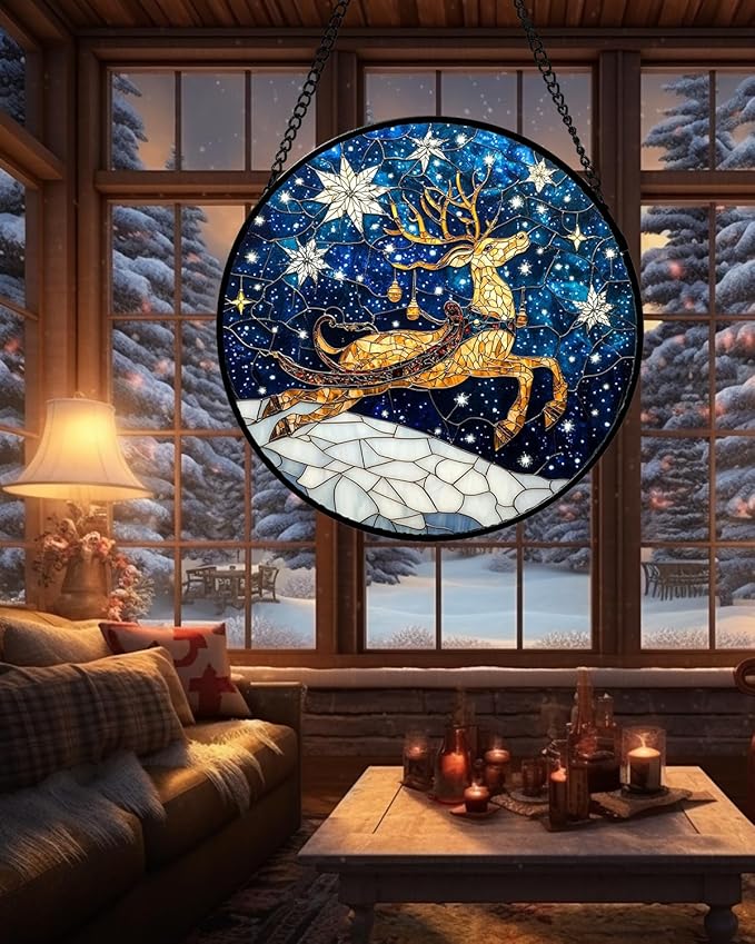 Stained Glass Window Hanging - Reindeer Blue Starry Sky Suncatcher for Doors Home Christmas Decoration Winter Sun Catcher Thanksgiving New Year Birthday Gifts for Women Men Mom Nana 15 in