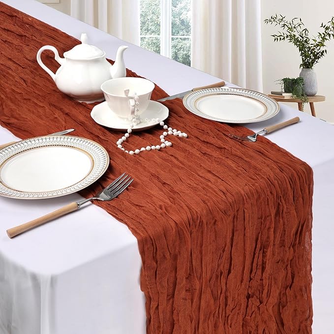 6 Pack Fall Thanksgiving Table Runner Terracotta Cheesecloth 10ft Boho Gauze Fabric Cheese Cloth Burnt Orange Table Runner 35 x 120 Inch Rustic Sheer for Wedding Décor Party Centerpiece Decoration