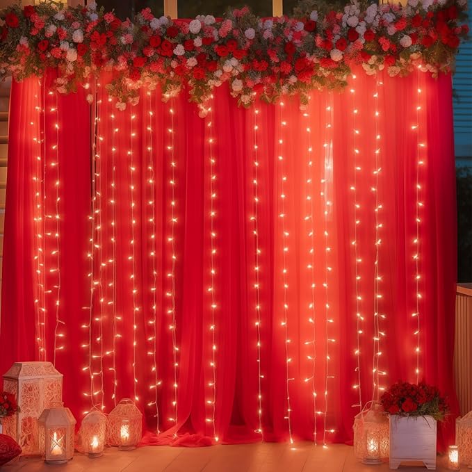 20×10ft Red Tulle Backdrop Curtain with Lights for Parties, Sheer Photo Backdrop Curtains for Wedding Party Photography Background
