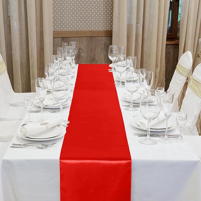 Aneco 16 Pack Satin Table Runner 12 X 108 Inch Red Long Wedding Satin Silk Table Runner for Wedding Banquet Graduations Birthday Party Decoration