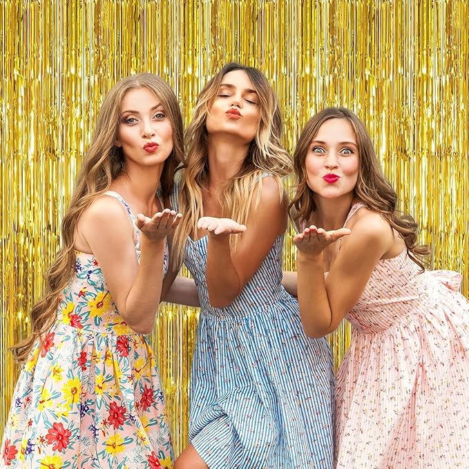24 Pack Gold Metallic Foil Fringe Curtains, 3.2ft x 8.2ft Foil Fringe Curtain Backdrop Foil Streamers Party Supplies Tinsel Curtain Backdrop for Parties/Birthday/Halloween/Photo Booth