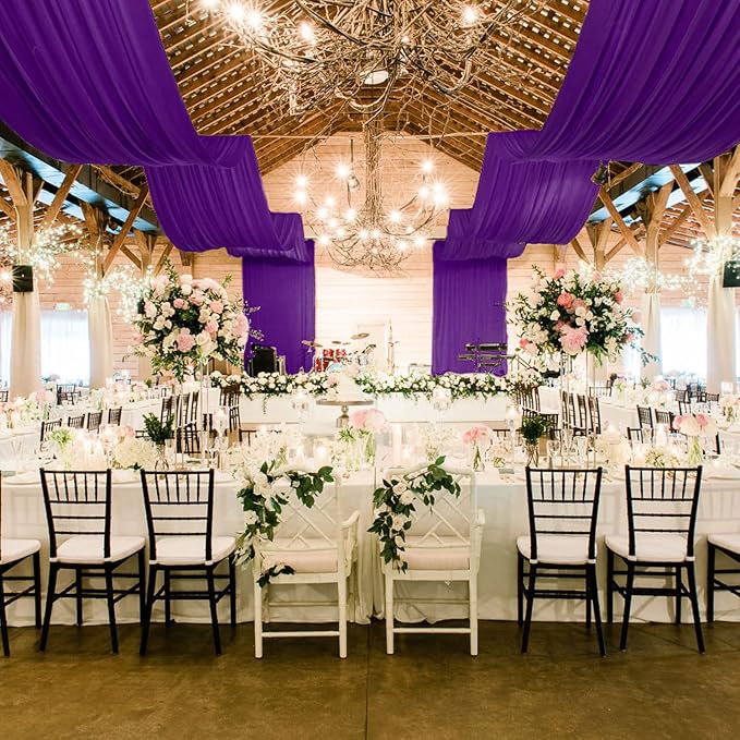 MODFUNS Wedding Ceiling Drapery Purple 5x30FT 2 Panels Sheer Wedding Arch Drapes Chiffon Fabric Ceiling Curtains Drapes for Party Tulle Backdrop Curtains Birthday Banquet Arch Draping