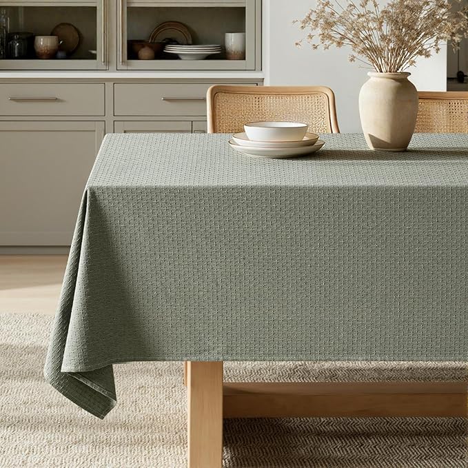 MIULEE Olive Green Linen Cottton Table Cloth Rectangle Tablecloth Waterproof Spillproof Cross-Star Textured Table Cltoth Decorative Farmhouse Style for Dining Party Weddings 60x84 Inch