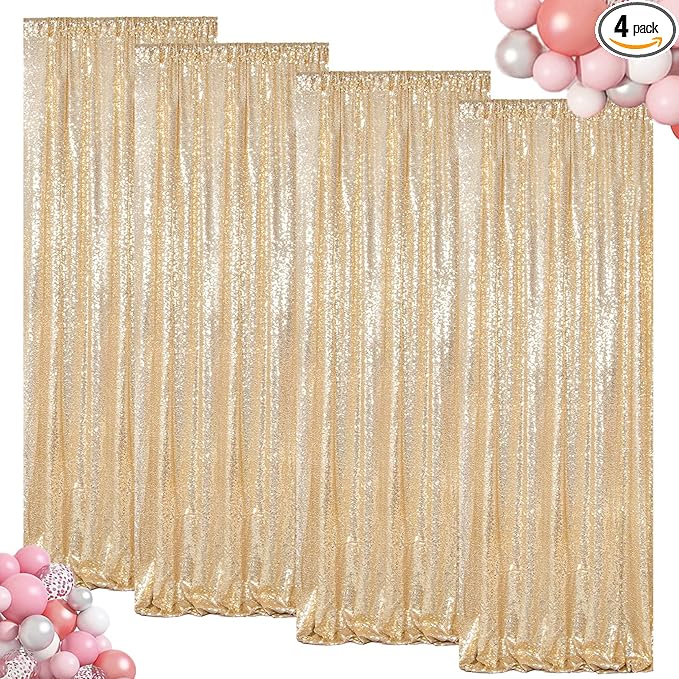 ShinyBeauty Sequin Backdrops 4 Panels Light Gold Sequin Curtains Photo Backdrop Shimmer Background for Baby Shower Champagne Golden Curtain Wedding Birthday Party Decor(2Ftx8Ft)