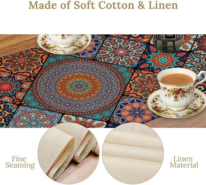 Bohemian Table Runner, Colorful Vintage Indian Mandala Floral Table Runners for Kitchen Dining Coffee Table Indoor Outdoor Party Decor, 13x36inch